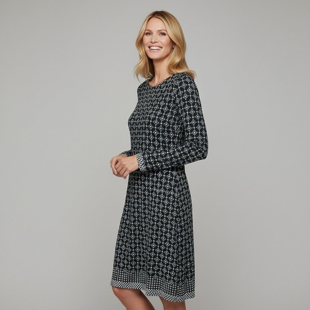 J.Jill Wherever Collection Black Print Knit Dress Long Sleeve Shift Size Large